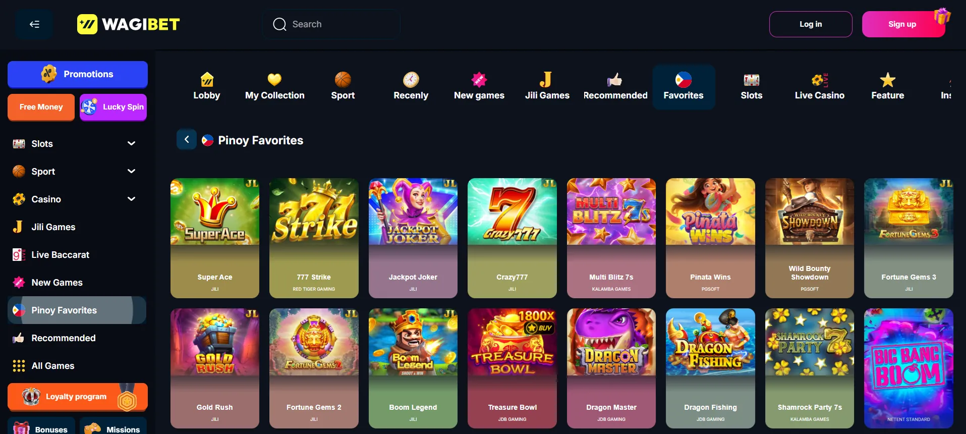 WagiBet Casino games selection overview